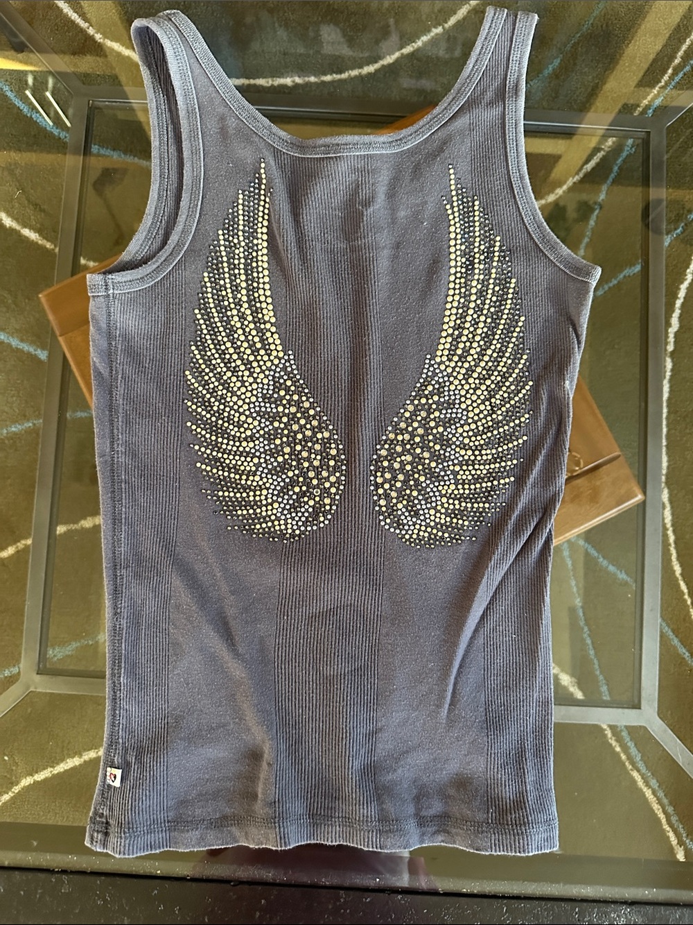TWISTED HEART Navy Tank Top with Rhinestone Wing Design